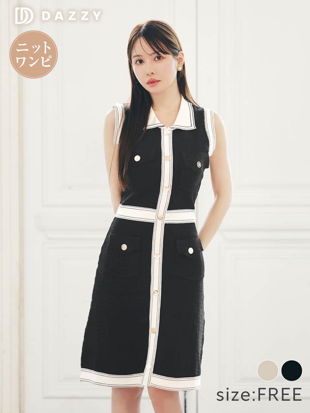 9/10新作!ゴールドボタンノースリーブ襟付きニットワンピース[カジュアル/dazzy closet]