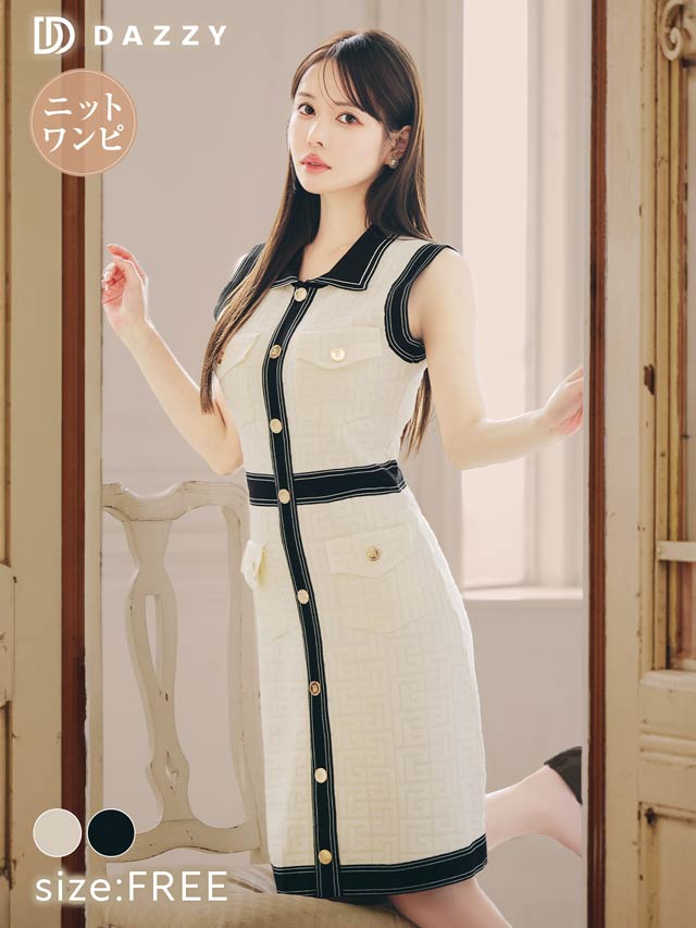 9/10新作!ゴールドボタンノースリーブ襟付きニットワンピース[カジュアル/dazzy closet]