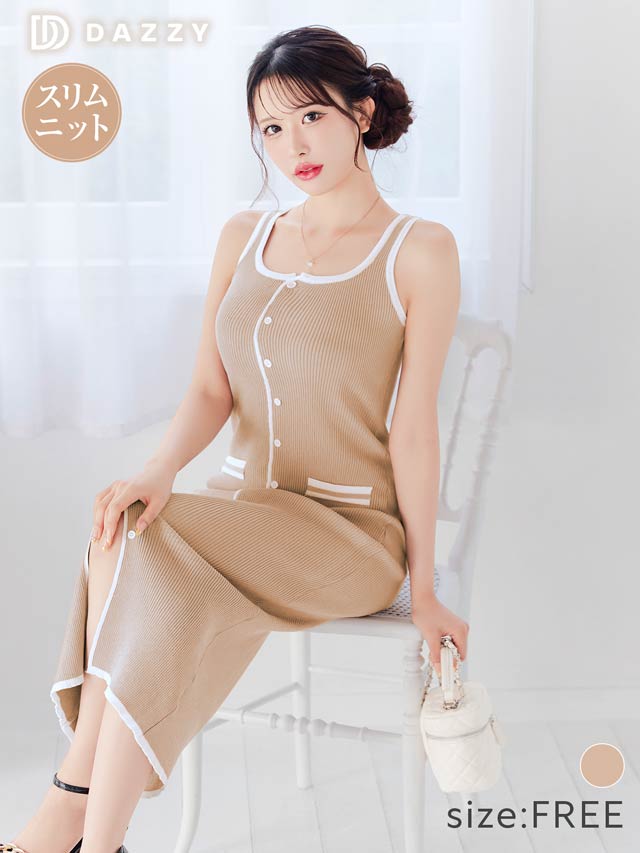 8/15新作!ノースリーブ配色ラインフロントボタンニットワンピース[カジュアル/dazzy closet][伊藤桃々着用]