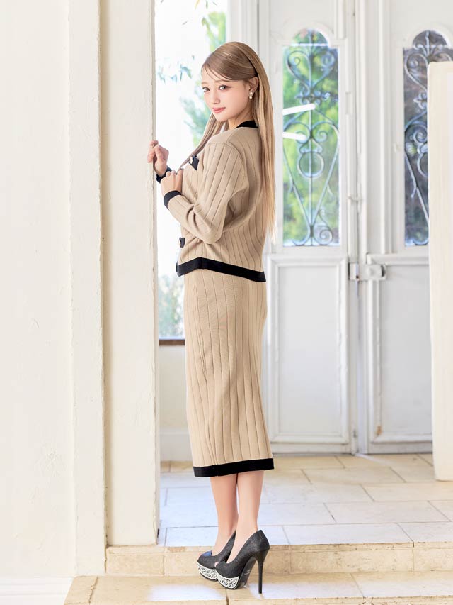 バイカラーワイドリブニット長袖タイトミモレ丈セットアップ[カジュアル/dazzy closet]