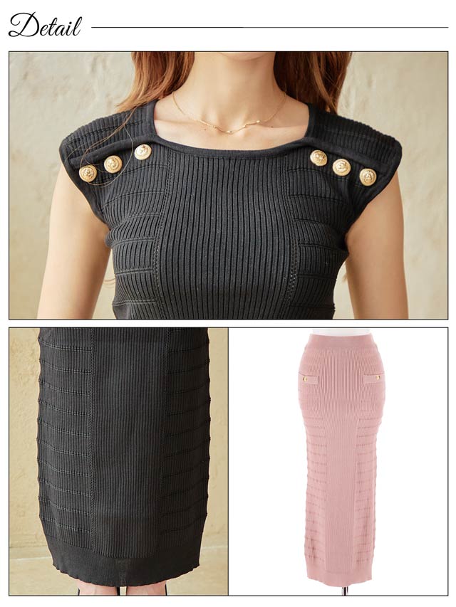 10/2再入荷!ワンカラーボタンビジューフレンチスリーブリブニットワンピース[カジュアル/dazzy closet]