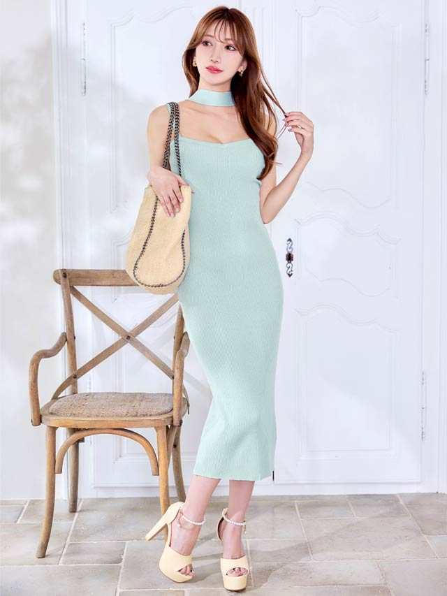 ワンカラーバックネックショルダーリブニットワンピース