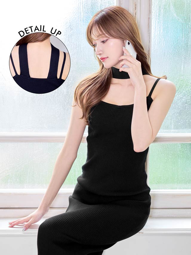 ワンカラーバックネックショルダーリブニットワンピース