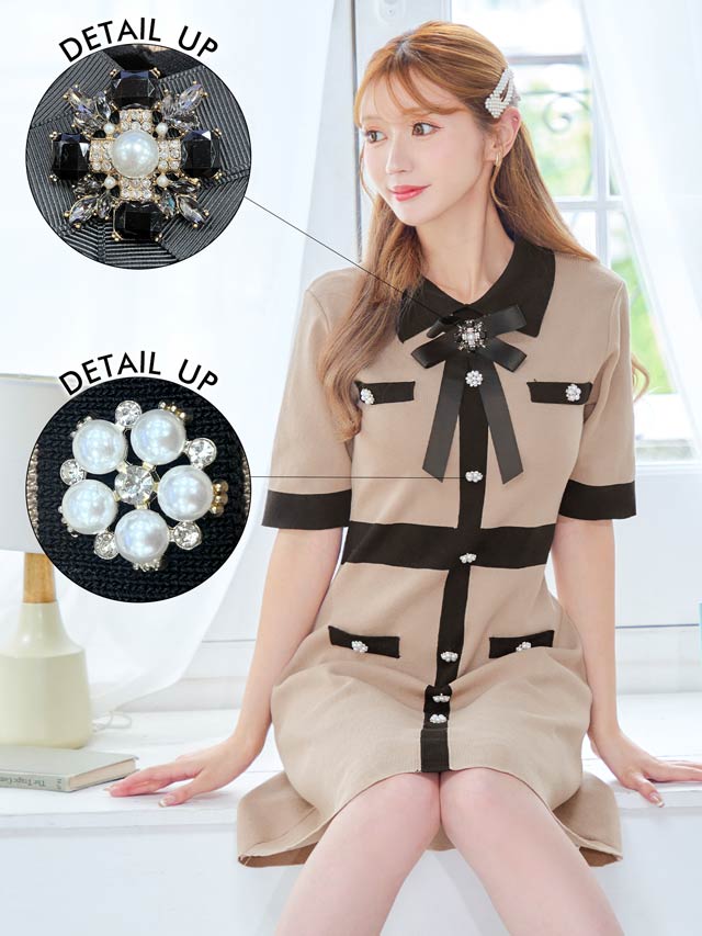 7/15再入荷!襟付きバイカラーパールリボンブローチ半袖ニットワンピース[カジュアル/dazzy closet]