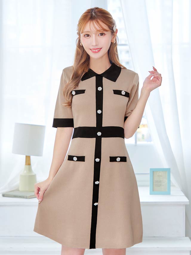 7/15再入荷!襟付きバイカラーパールリボンブローチ半袖ニットワンピース[カジュアル/dazzy closet]