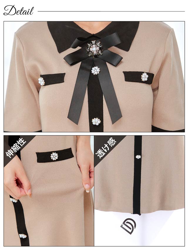 7/15再入荷!襟付きバイカラーパールリボンブローチ半袖ニットワンピース[カジュアル/dazzy closet]