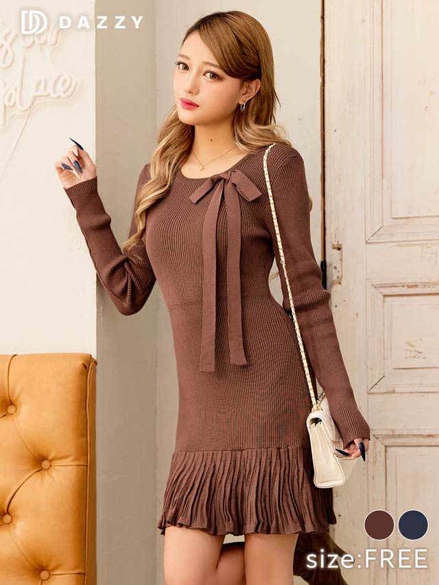 ロングリボンプリーツマーメイド長袖ニットワンピース[カジュアル/dazzy closet]