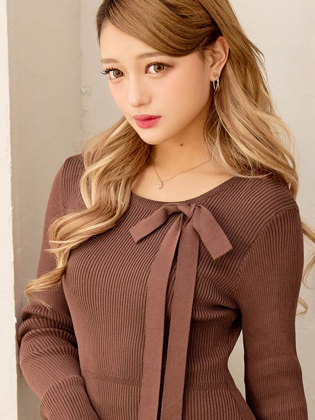 ロングリボンプリーツマーメイド長袖ニットワンピース[カジュアル/dazzy closet]