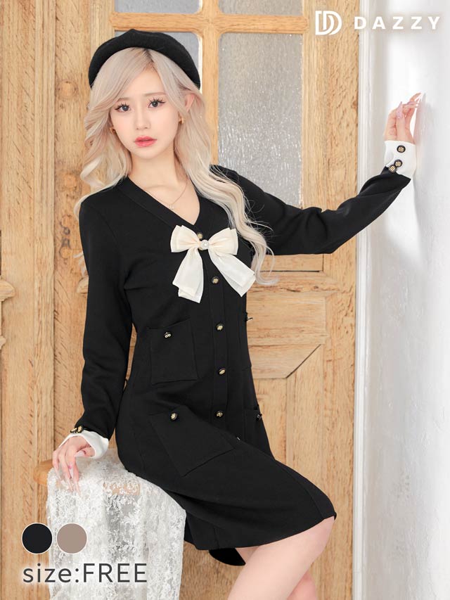 チュールリボンボタンビジュー長袖ニットワンピース[カジュアル/dazzy closet]