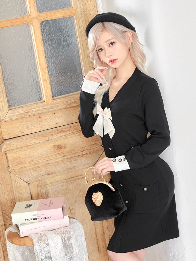 チュールリボンボタンビジュー長袖ニットワンピース[カジュアル/dazzy closet]