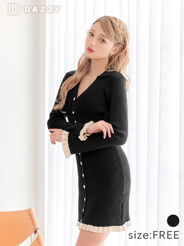 襟付きVネックプリーツフリル半袖リブニットワンピース[カジュアル/dazzy closet]