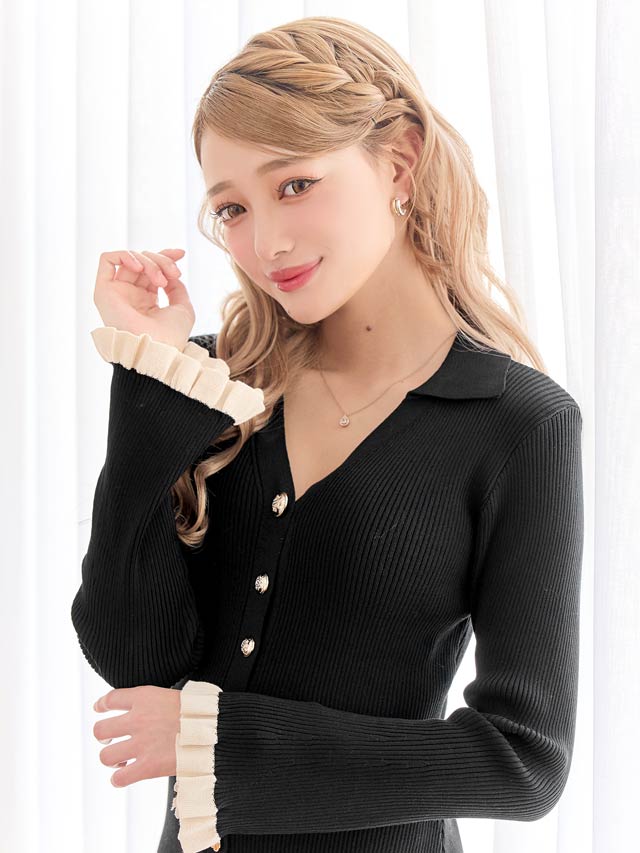 襟付きVネックプリーツフリル半袖リブニットワンピース[カジュアル/dazzy closet]