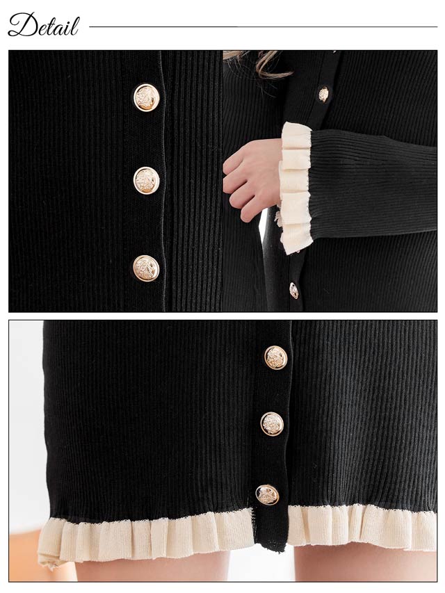 襟付きVネックプリーツフリル半袖リブニットワンピース[カジュアル/dazzy closet]