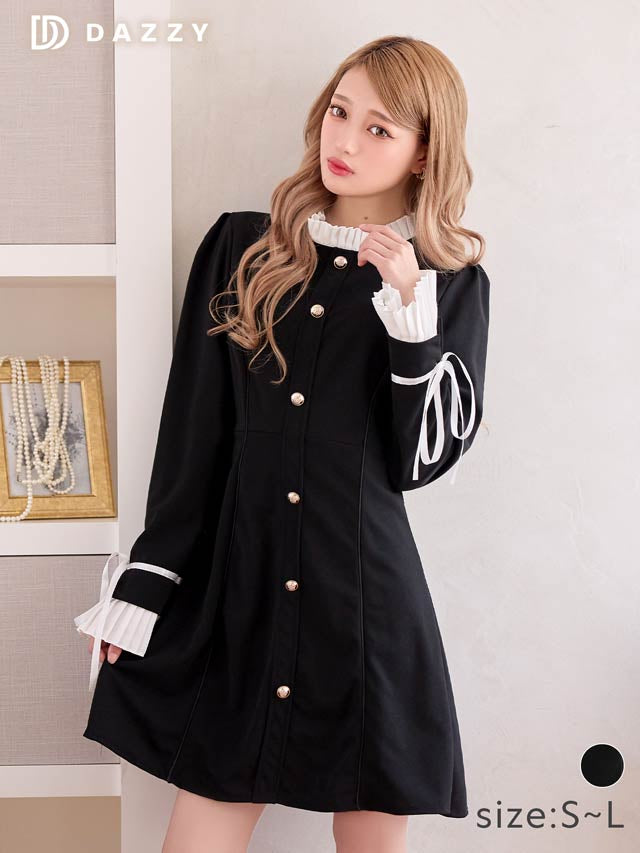 クラシカルプリーツリボンAラインミニワンピース[SML/3サイズ展開][カジュアル/dazzy closet]