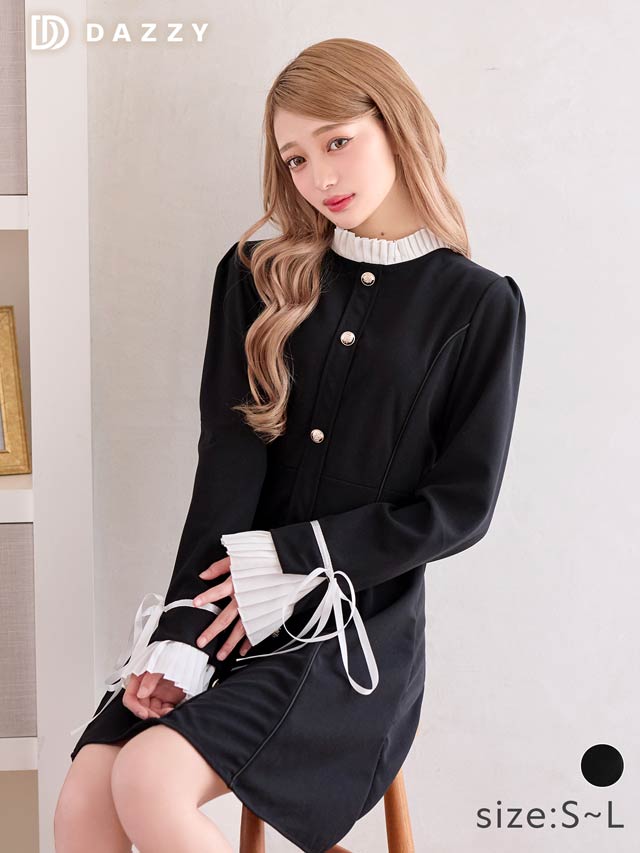 クラシカルプリーツリボンAラインミニワンピース[SML/3サイズ展開][カジュアル/dazzy closet]
