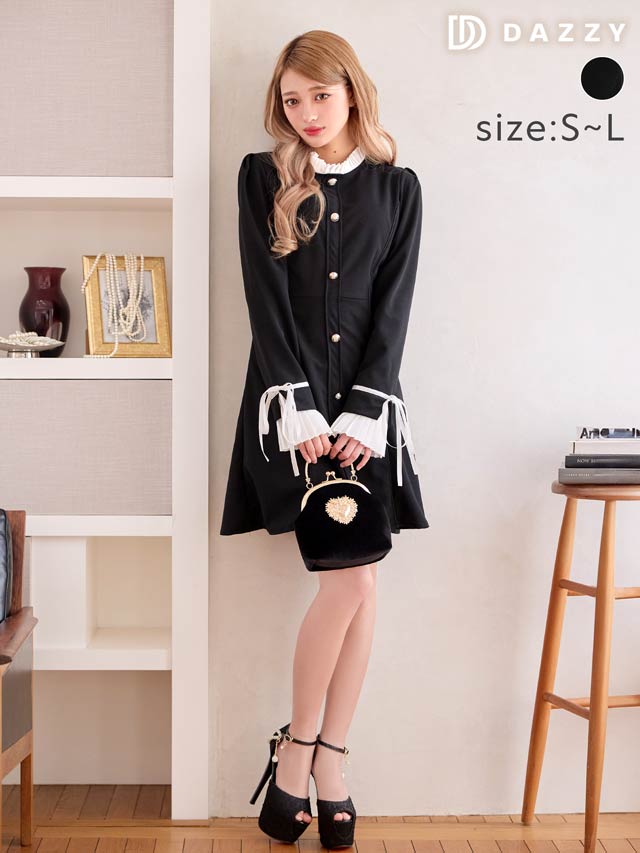 クラシカルプリーツリボンAラインミニワンピース[SML/3サイズ展開][カジュアル/dazzy closet]