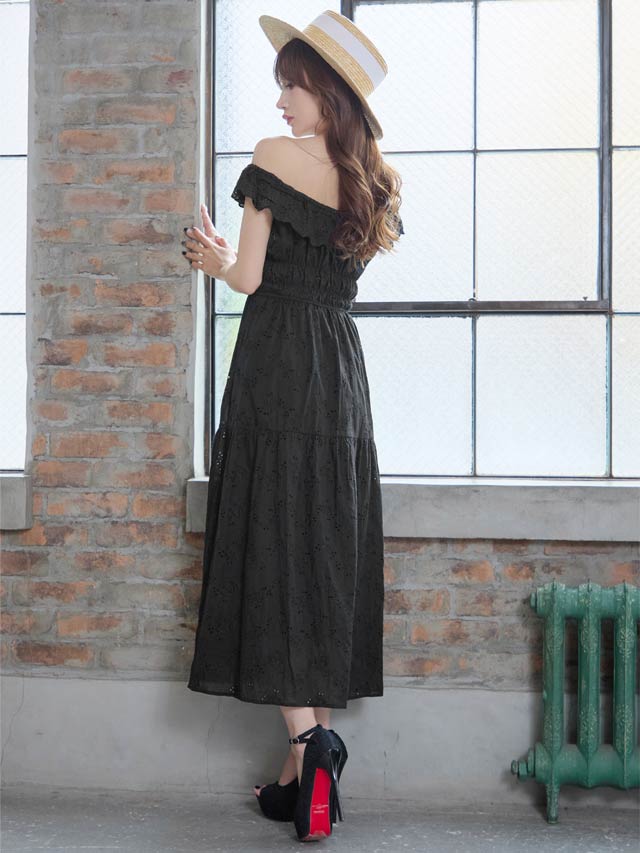 [SMLサイズ]オフショルダーパンチングレースワンピース[3サイズ展開][カジュアル/dazzy closet]