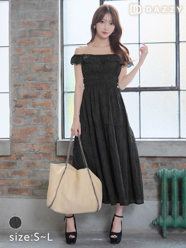 [SMLサイズ]オフショルダーパンチングレースワンピース[3サイズ展開][カジュアル/dazzy closet]