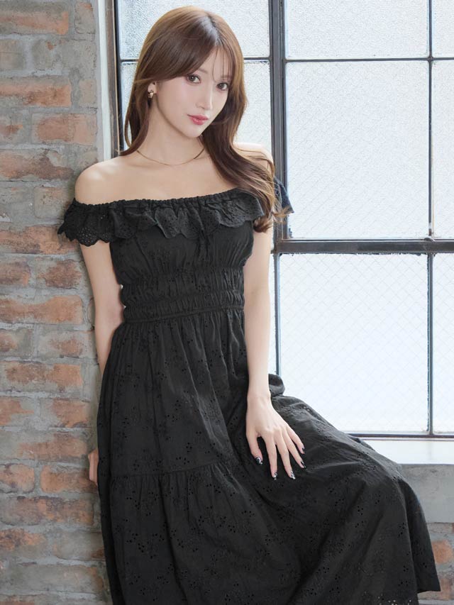 [SMLサイズ]オフショルダーパンチングレースワンピース[3サイズ展開][カジュアル/dazzy closet]