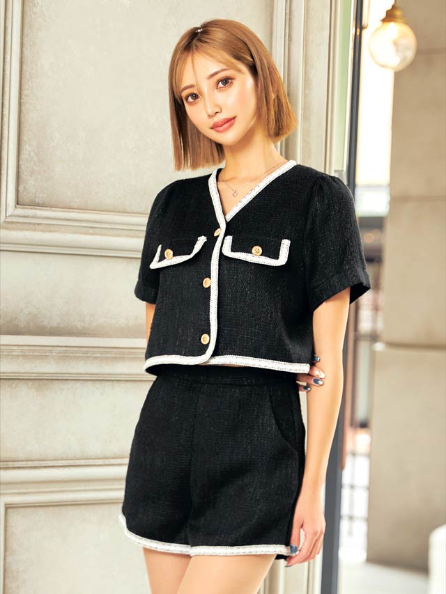 [SMLサイズ]ポケットモチーフツイードショートパンツセットアップ[3サイズ展開][dazzy closet]