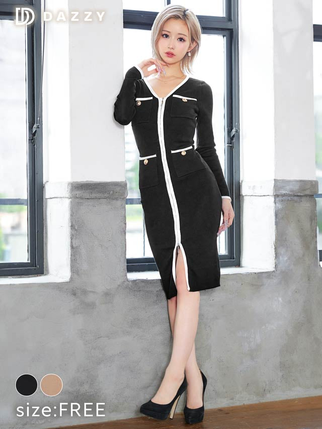 ダブルジップバイカラー膝丈ニットワンピース[カジュアル/dazzy closet]