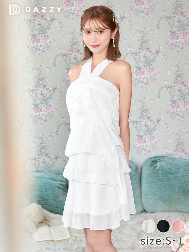 [SMLサイズ]ドレープシフォンホルターネックAラインワンピース[3サイズ展開][カジュアル/dazzy closet]