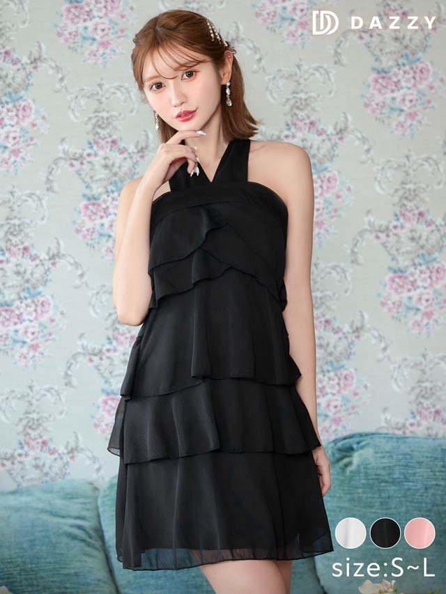 [SMLサイズ]ドレープシフォンホルターネックAラインワンピース[3サイズ展開][カジュアル/dazzy closet]