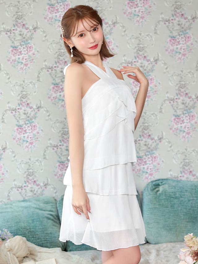 [SMLサイズ]ドレープシフォンホルターネックAラインワンピース[3サイズ展開][カジュアル/dazzy closet]