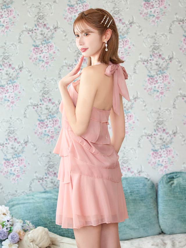 [SMLサイズ]ドレープシフォンホルターネックAラインワンピース[3サイズ展開][カジュアル/dazzy closet]