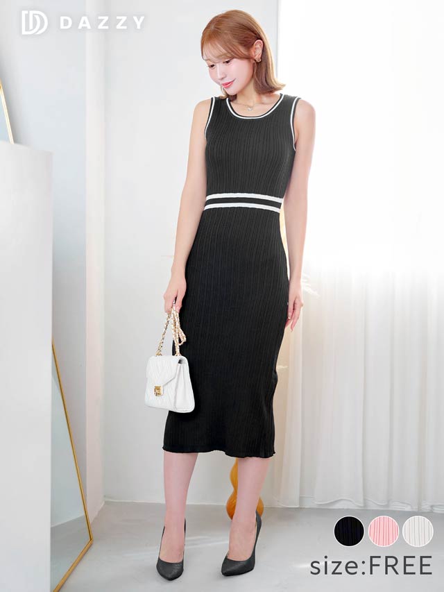 ノースリーブ配色ラインタイトリブニットワンピース[カジュアル/dazzy closet]