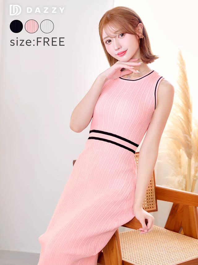 ノースリーブ配色ラインタイトリブニットワンピース[カジュアル/dazzy closet]