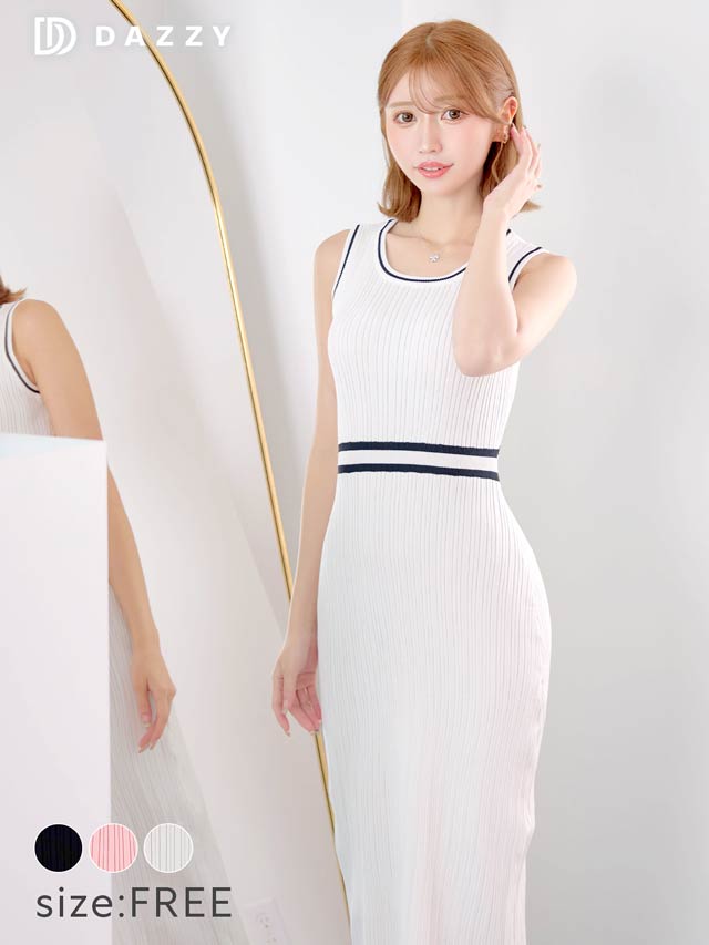 ノースリーブ配色ラインタイトリブニットワンピース[カジュアル/dazzy closet]