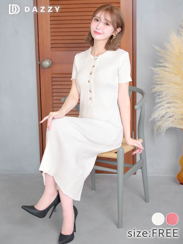 フロントボタン襟付き半袖ニットワンピース[カジュアル/dazzy closet]
