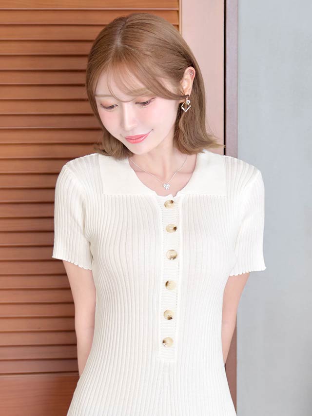 フロントボタン襟付き半袖ニットワンピース[カジュアル/dazzy closet]