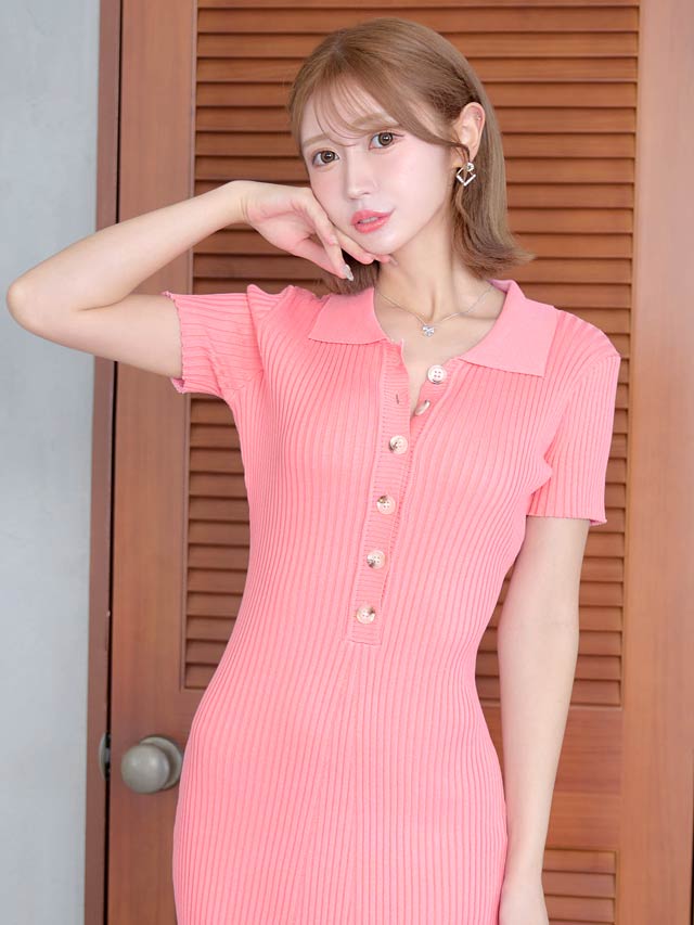 フロントボタン襟付き半袖ニットワンピース[カジュアル/dazzy closet]