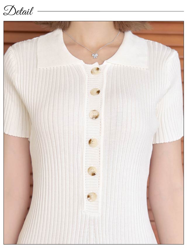 フロントボタン襟付き半袖ニットワンピース[カジュアル/dazzy closet]