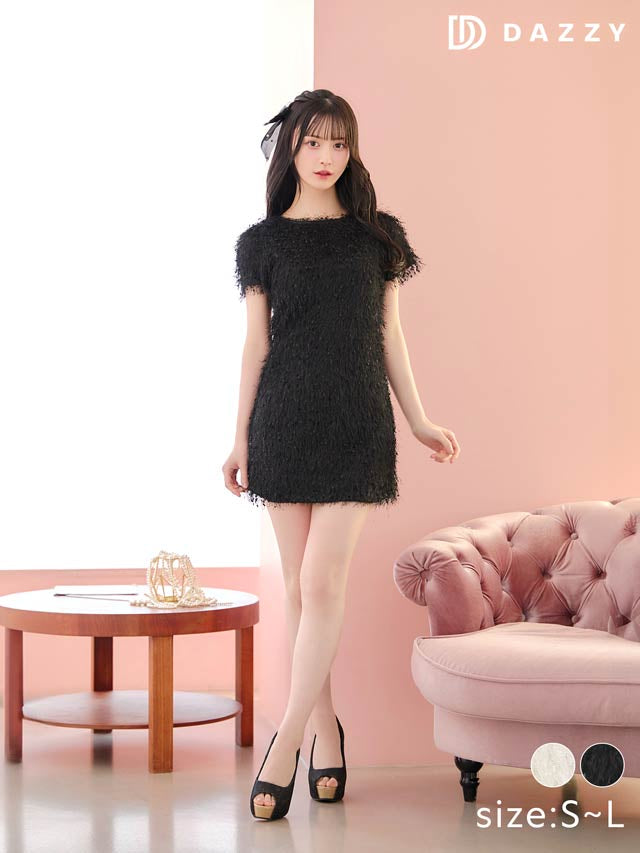 [SMLサイズ]フリンジシャギー半袖Aラインワンピース[3サイズ展開][LIVE紹介]