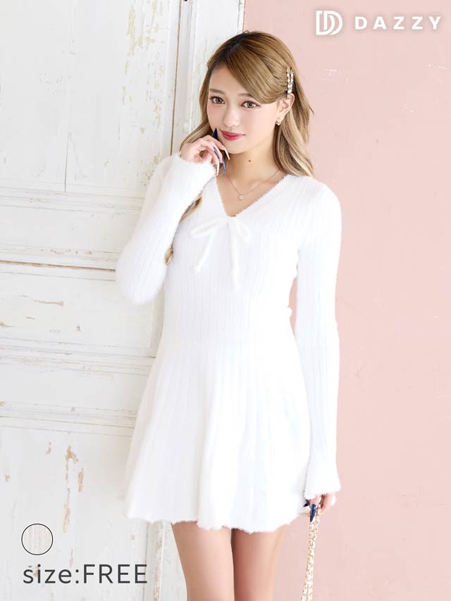 Vネックリボンフレアニットワンピース[カジュアル/dazzy closet]
