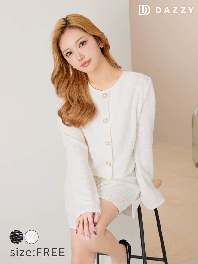 パールボタンツイード風ジャケット&ショートパンツセットアップ[カジュアル/dazzy closet]