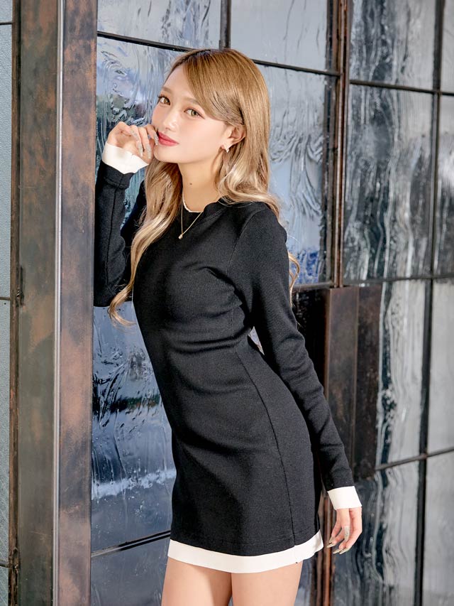 シンプルバイカラー長袖ニットワンピース[カジュアル/dazzy closet]