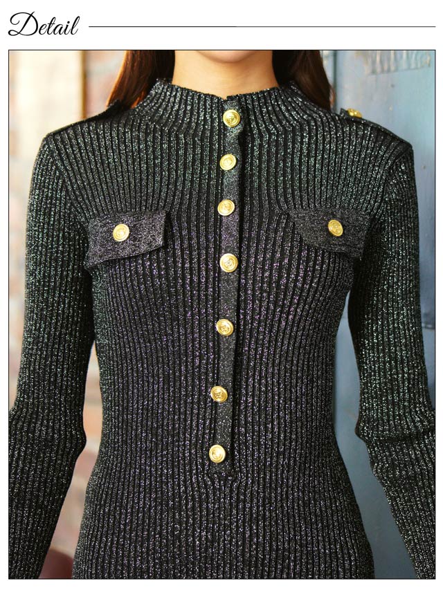 ハイネックゴールドボタン長袖ラメニットワンピース[カジュアル/dazzy closet]
