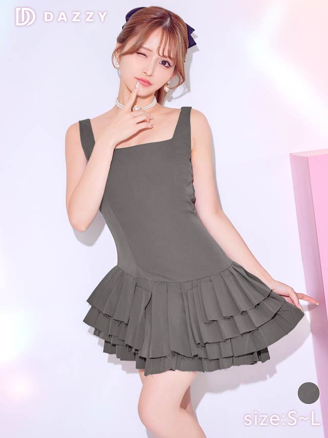 [SMLサイズ]ボリュームアシンメトリープリーツノースリーブワンピース[3サイズ展開][カジュアル/dazzy closet]