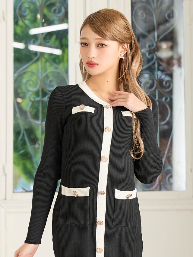 バイカラーフロントボタンポケット長袖ニットワンピース[カジュアル/dazzy closet]