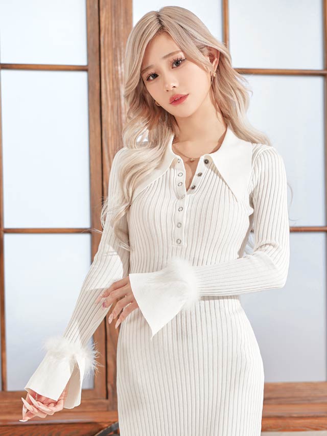 襟付きファーベルスリーブリブニット膝丈ワンピース[カジュアル/dazzy closet]