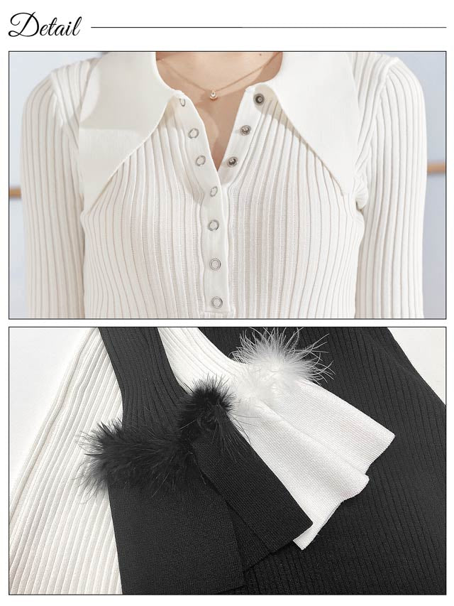 襟付きファーベルスリーブリブニット膝丈ワンピース[カジュアル/dazzy closet]