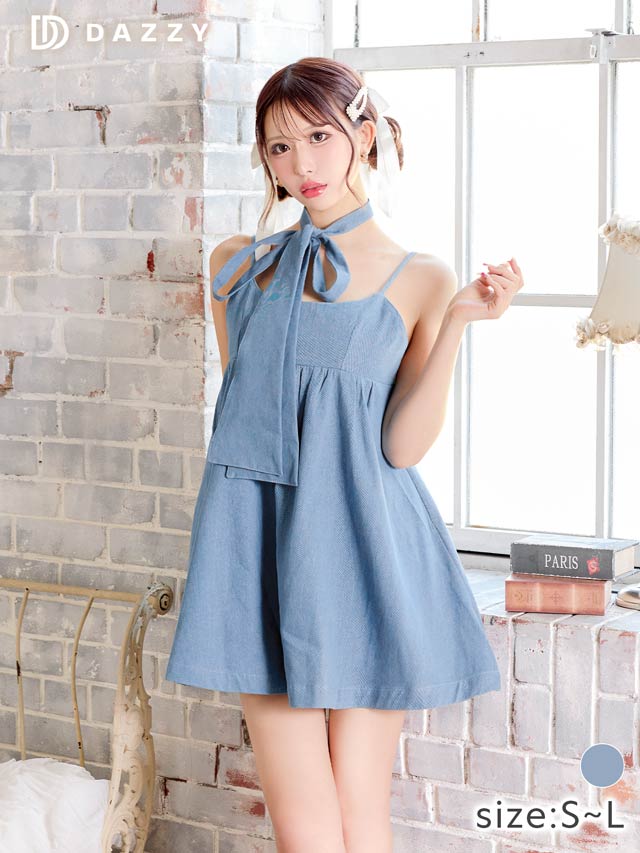 9/17新作!デニムリボンチュニックワンピース[SML/3サイズ展開][カジュアル/dazzy closet][伊藤桃々着用]