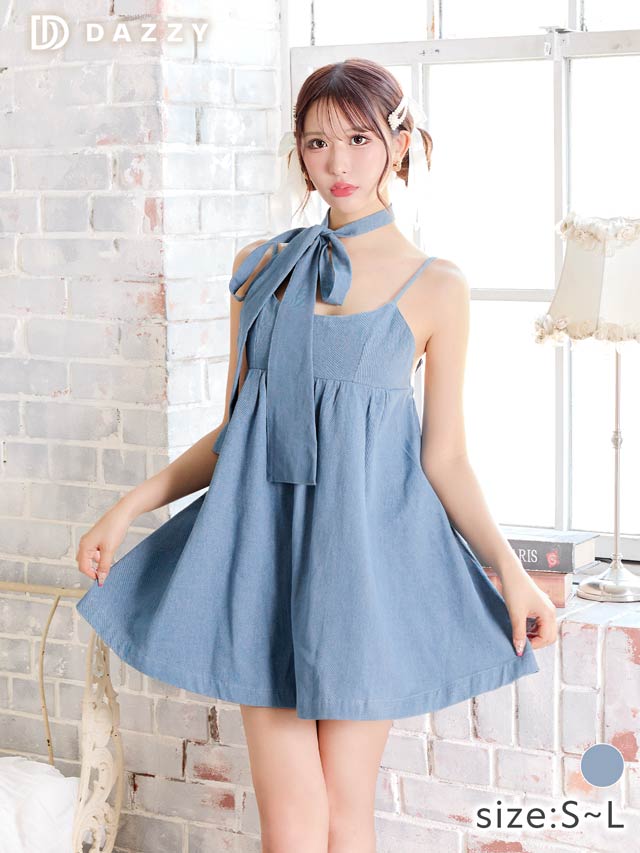 9/17新作!デニムリボンチュニックワンピース[SML/3サイズ展開][カジュアル/dazzy closet][伊藤桃々着用]