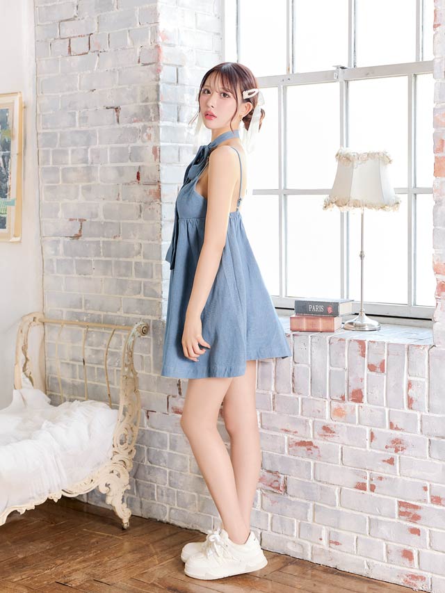 9/17新作!デニムリボンチュニックワンピース[SML/3サイズ展開][カジュアル/dazzy closet][伊藤桃々着用]
