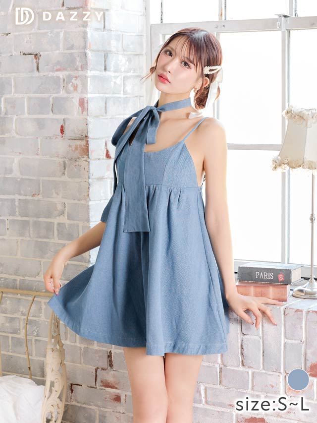 9/17新作!デニムリボンチュニックワンピース[SML/3サイズ展開][カジュアル/dazzy closet][伊藤桃々着用]