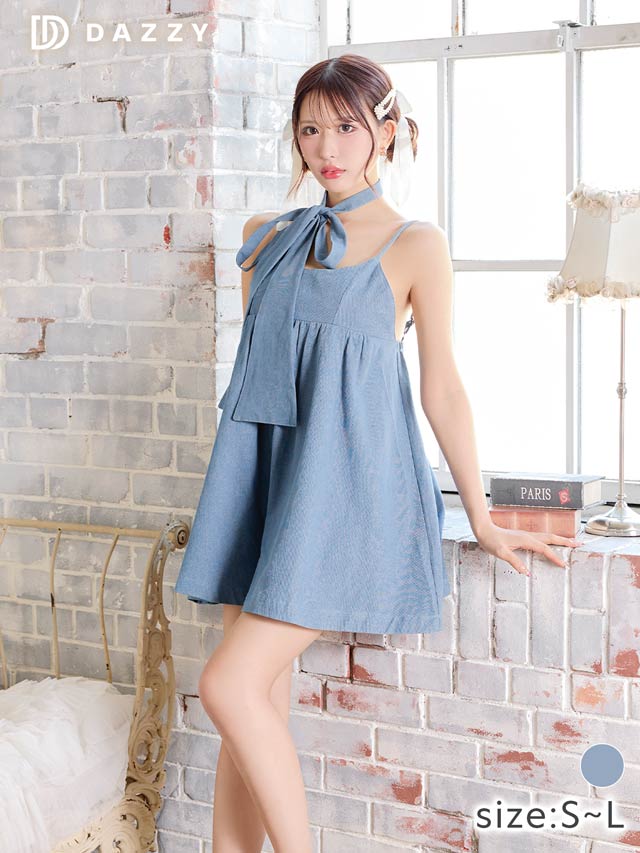 9/17新作!デニムリボンチュニックワンピース[SML/3サイズ展開][カジュアル/dazzy closet][伊藤桃々着用]